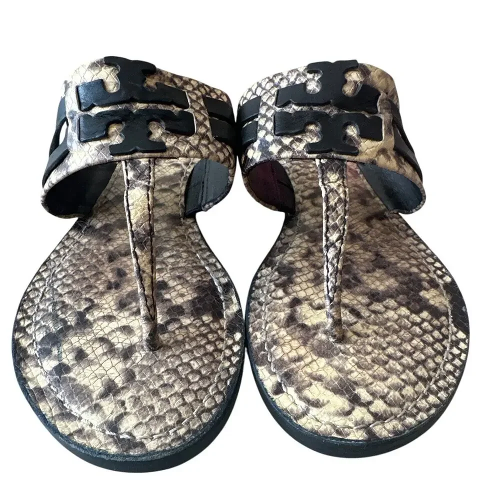 Tory Burch Leigh Thong Sandals 9.5 Roccia Snakeskin Black Logo
